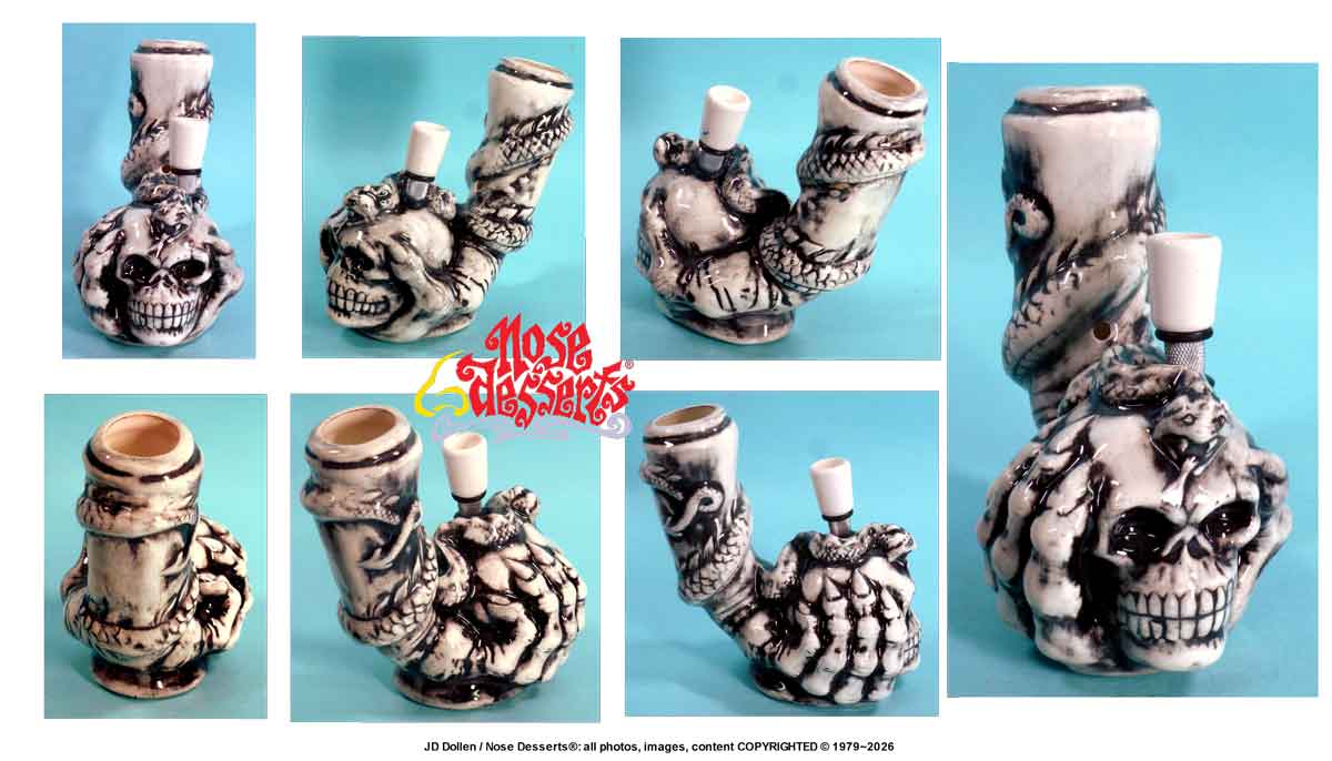 #1876: Classic Vintage Reproduction, Human Skull in Claw with Serpent, Rumph Style, Vintage - 1970's Classic, New Reproduction, Ceramic Glass Water Hookah Bong Tobacco Pipe, USA - FREE SHIPPING!