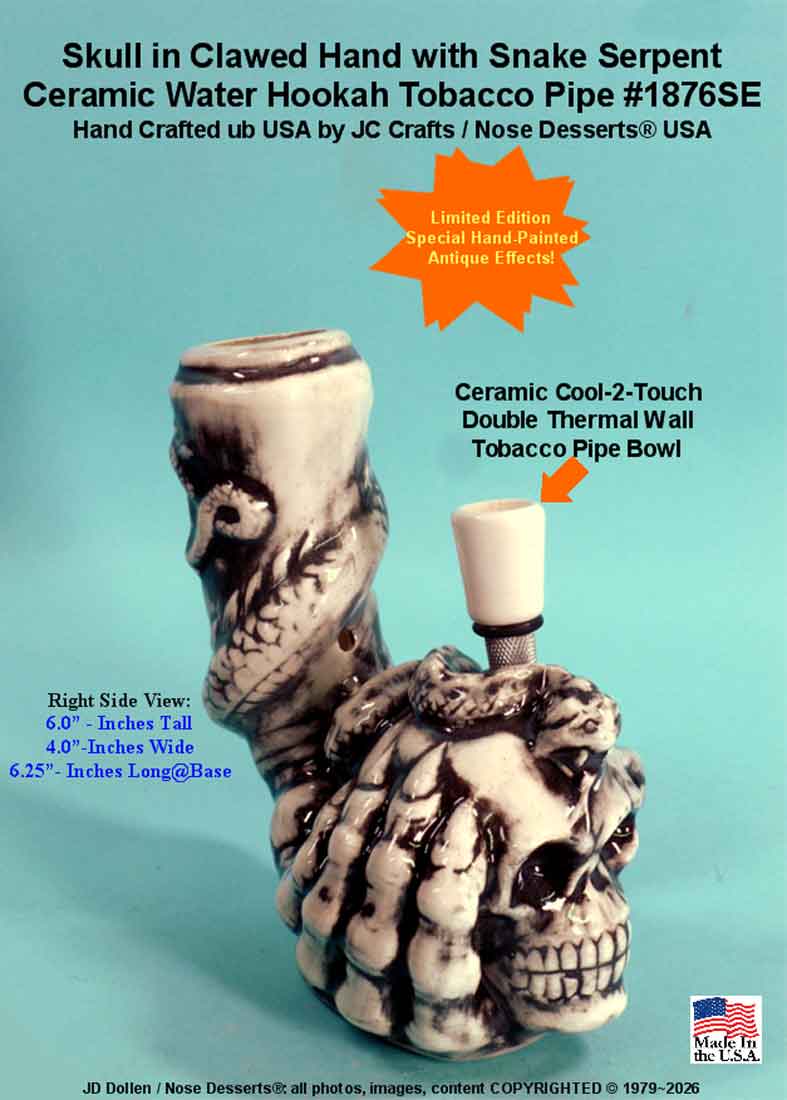 #1876: Classic Vintage Reproduction, Human Skull in Claw with Serpent, Rumph Style, Vintage - 1970's Classic, New Reproduction, Ceramic Glass Water Hookah Bong Tobacco Pipe, USA - FREE SHIPPING!