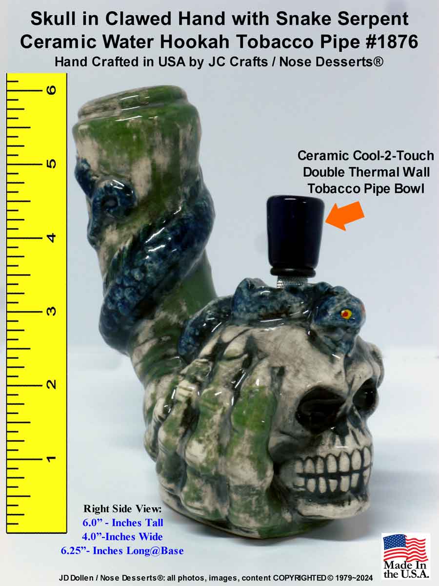 #1876: Classic Vintage Reproduction, Human Skull in Claw with Serpent, Rumph Style, Vintage - 1970's Classic, New Reproduction, Ceramic Glass Water Hookah Bong Tobacco Pipe, USA - FREE SHIPPING!