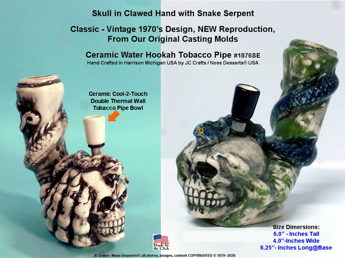 #1876: Classic Vintage Reproduction, Human Skull in Claw with Serpent, Rumph Style, Vintage - 1970's Classic, New Reproduction, Ceramic Glass Water Hookah Bong Tobacco Pipe, USA - FREE SHIPPING!