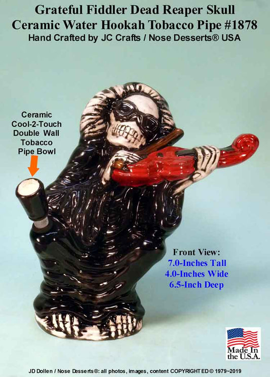 #1878: Classic Vintage 1970's Rumph Type Reproduction, The Fiddler Grim Reaper Skull on Strings Ceramic Glass Tobacco Bong Water Pipe, USA FREE SHIPPING!