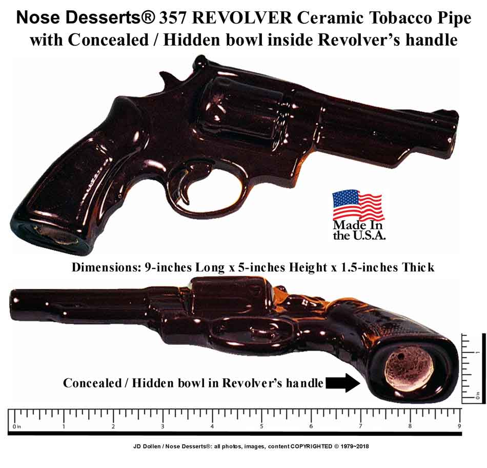 #1924: Classic Design, Vintage Style, Replica 45 Cal or 357-REVOLVER Type Pistol Hand Gun Ceramic Glass Tobacco Pipe, Made in the USA - FREE SHIPPING!