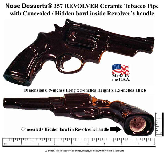 #1924: Classic Design, Vintage Style, Replica 45 Cal or 357-REVOLVER Type Pistol Hand Gun Ceramic Glass Tobacco Pipe, Made in the USA - FREE SHIPPING!