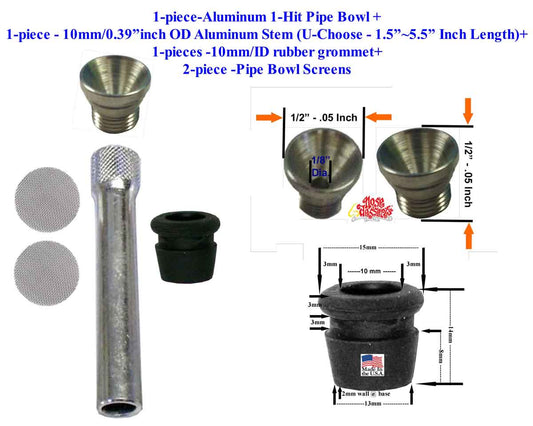 5 pieces Tobacco Bong Hookah Ceramic Glass Water Pipe Complete Set-Up Parts, Your Choice, 1.5 - Thru - 4.5-inch Stem+1-Hit Bowl+Grommet+Screens - FREE SHIPPING!