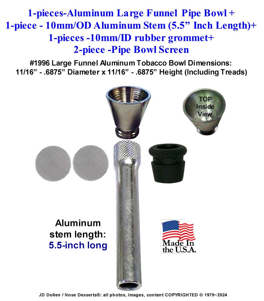 #1996: Aluminum Water-Pipe Parts Set-Up, Tobacco Bong Hookah Ceramic Glass, Complete 5 pieces, Your Choice, 1.5 - Thru - 5.5-inch Stem+5-Hit Funnel Bowl+Grommet+Screens - FREE SHIPPING!