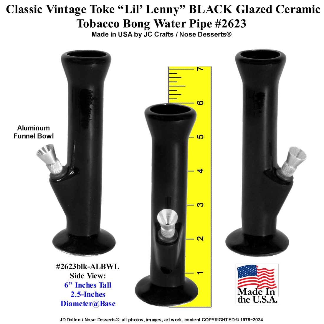#2623blk: Classic Vintage 1970's Design, Black Gloss Ceramic-Glass,Toke International "Lil' Lenny", Tobacco Bong Water Pipe, USA FREE SHIPPING! (Copy)