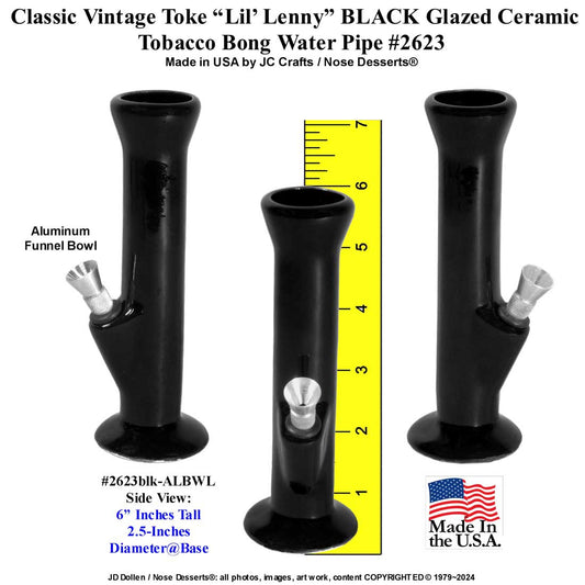 #2623blk: Classic Vintage 1970's Design, Black Gloss Ceramic-Glass,Toke International "Lil' Lenny", Tobacco Bong Water Pipe, USA FREE SHIPPING!