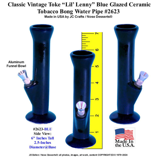 #2623blu: Classic Vintage 1970's Design, Midnight BLUE Gloss Ceramic-Glass,Toke International "Lil' Lenny", Tobacco Bong Water Pipe, USA FREE SHIPPING!