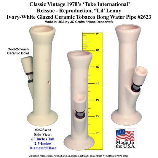 #2623wht: Classic Vintage 1970's Design, Ivory-White Ceramic-Glass, Toke International "Lil' Lenny", Tobacco Bong Water Pipe, USA FREE SHIPPING!