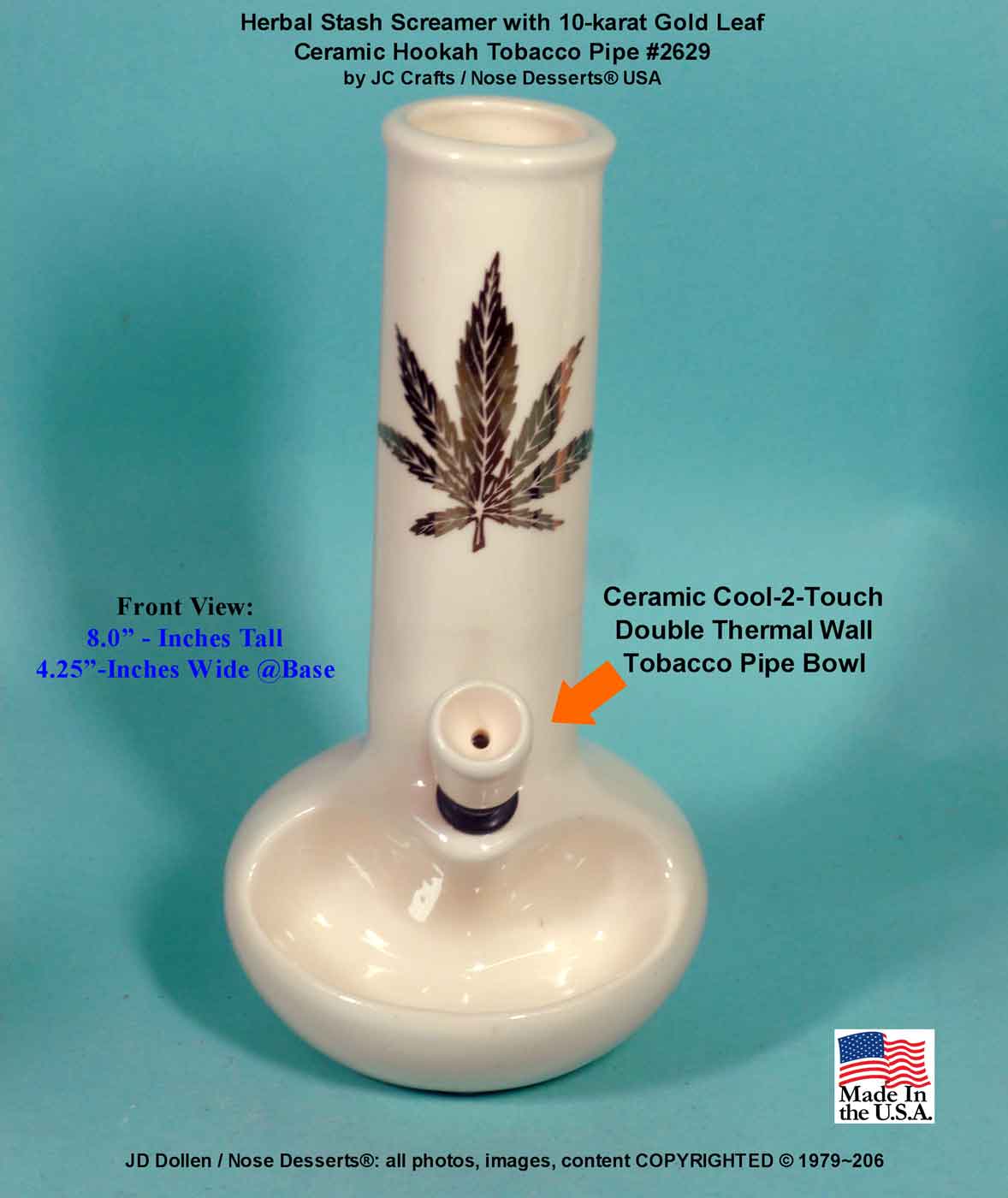 #2629SE: Classic Vintage Reproduction of 1970's TOKE INTERNATIONAL, Ivory-White with 10k Gold Leaf Design,Big Mouth SCREAMER, Tobacco Bong Waterpipe Ceramic Glass - FREE SHIPPING!