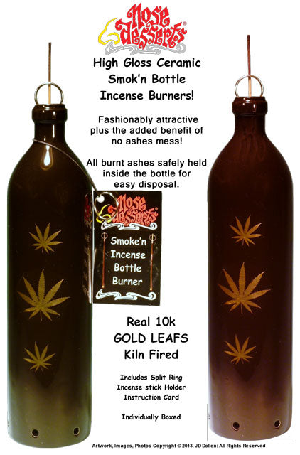 #3101-01: Bright Metallic Gold, Happy Hemp Leafs Design, Smoking Bottle Incense Burner - Ash-catcher, by Nose Desserts FREE SHIPPING!