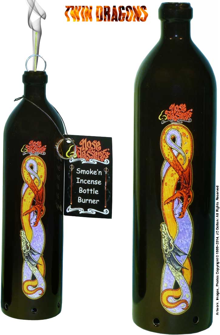 #3101-2839: Twin Dragons Wonderland Fantasy Design, Smoking Bottle Incense Burner - Ash-catcher, by Nose Desserts FREE SHIPPING!