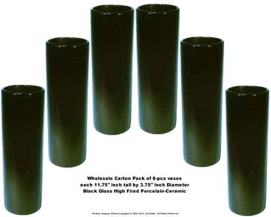 #3102: American Floral Cylinder Large Bud Vase, 12" Tall Black Porcelain Ceramic Glass, Factory Blemished - 2nd Tier, Minor Glaze Surface Irregularity - FREE SHIPPING to USA 48 States!